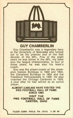1975 Fleer Football Patches - Immortal Roll #5 Guy Chamberlin Back