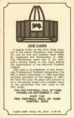 1975 Fleer Football Patches - Immortal Roll #6 Joe Carr Back