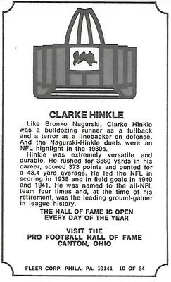 1975 Fleer Football Patches - Immortal Roll #10 Clarke Hinkle Back