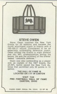 1975 Fleer Football Patches - Immortal Roll #15 Steve Owen Back