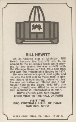 1975 Fleer Football Patches - Immortal Roll #16 Bill Hewitt Back