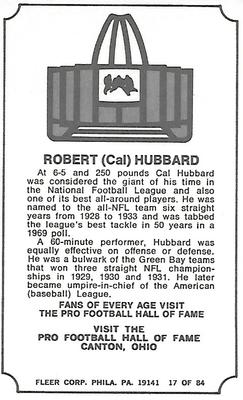 1975 Fleer Football Patches - Immortal Roll #17 Cal Hubbard Back