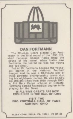1975 Fleer Football Patches - Immortal Roll #20 Dan Fortmann Back