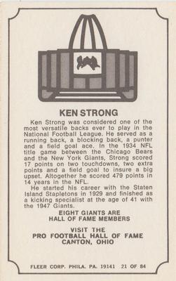 1975 Fleer Football Patches - Immortal Roll #21 Ken Strong Back