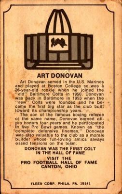 1975 Fleer Football Patches - Immortal Roll #25 Art Donovan Back