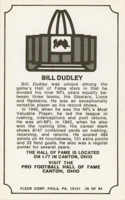 1975 Fleer Football Patches - Immortal Roll #26 Bill Dudley Back