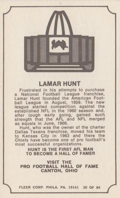 1975 Fleer Football Patches - Immortal Roll #30 Lamar Hunt Back