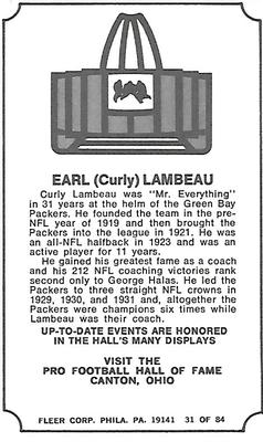 1975 Fleer Football Patches - Immortal Roll #31 Curly Lambeau Back