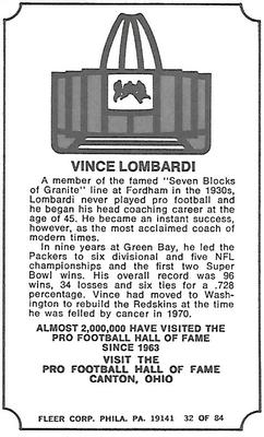 1975 Fleer Football Patches #32 Vince Lombardi Back