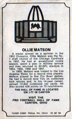 1975 Fleer Football Patches - Immortal Roll #35 Ollie Matson Back