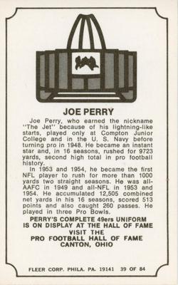 1975 Fleer Football Patches - Immortal Roll #39 Joe Perry Back