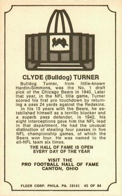 1975 Fleer Football Patches - Immortal Roll #45 Clyde (Bulldog) Turner Back