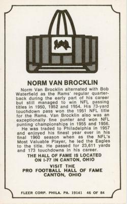 1975 Fleer Football Patches - Immortal Roll #46 Norm Van Brocklin Back