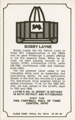 1975 Fleer Football Patches - Immortal Roll #49 Bobby Layne Back