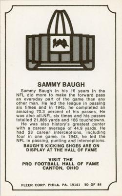 1975 Fleer Football Patches - Immortal Roll #50 Sammy Baugh Back