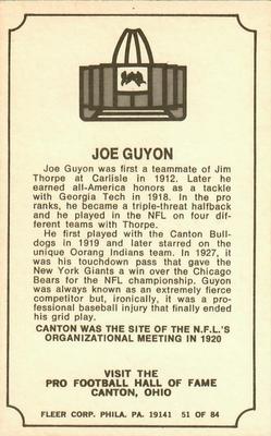 1975 Fleer Football Patches - Immortal Roll #51 Joe Guyon Back
