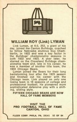 1975 Fleer Football Patches - Immortal Roll #52 Link Lyman Back