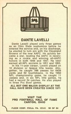 1975 Fleer Football Patches - Immortal Roll #58 Dante Lavelli Back