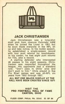 1975 Fleer Football Patches - Immortal Roll #61 Jack Christiansen Back