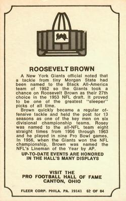 1975 Fleer Football Patches - Immortal Roll #62 Roosevelt Brown Back