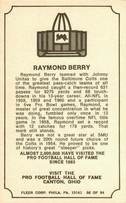 1975 Fleer Football Patches - Immortal Roll #66 Raymond Berry Back