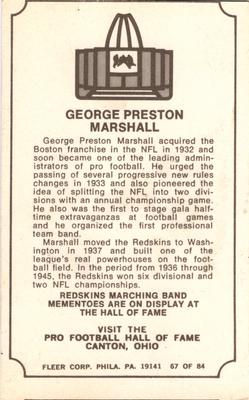 1975 Fleer Football Patches - Immortal Roll #67 George Preston Marshall Back