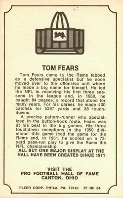 1975 Fleer Football Patches - Immortal Roll #72 Tom Fears Back