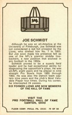 1975 Fleer Football Patches - Immortal Roll #79 Joe Schmidt Back