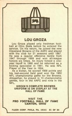 1975 Fleer Football Patches - Immortal Roll #81 Lou Groza Back
