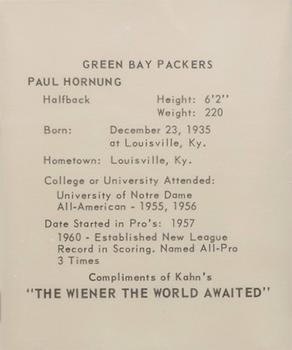 1964 Kahn's Wieners #NNO Paul Hornung Back