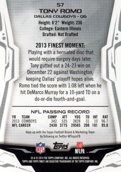 2014 Finest - Refractors #57 Tony Romo Back
