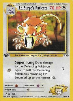 2000 Pokemon Gym Heroes 1st Edition #51/132 Lt. Surge's Raticate Front