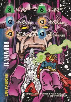 1996 Fleer Marvel Overpower IQ Expansion #NNO Strength Teamwork - Galactus, Silver Surfer & Adam Warlock Front