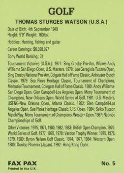 1993 Fax-Pax Famous Golfers #5 Tom Watson Back