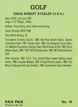 1993 Fax-Pax Famous Golfers #16 Craig Stadler Back