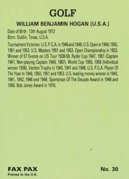 1993 Fax-Pax Famous Golfers #30 Ben Hogan Back
