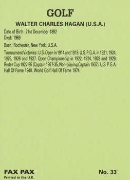 1993 Fax-Pax Famous Golfers #33 Walter Hagen Back