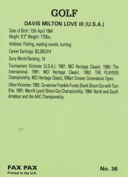 1993 Fax-Pax Famous Golfers #36 Davis Love III Back