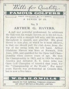 1930 Wills's Famous Golfers #9 Arthur G. Havers Back