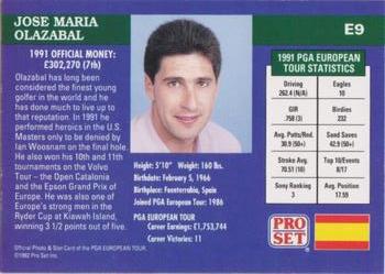 1992 Pro Set PGA Tour - 1991 Champions #E9 Jose Maria Olazabal Back