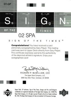 2002 SP Authentic - Sign of the Times #ST-GP Gary Player  Back