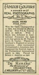 1928 Millhoff Famous Golfers #7 Alex Herd Back