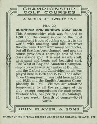 1936 Player's Championship Golf Courses #20 Burnham & Berrow Back