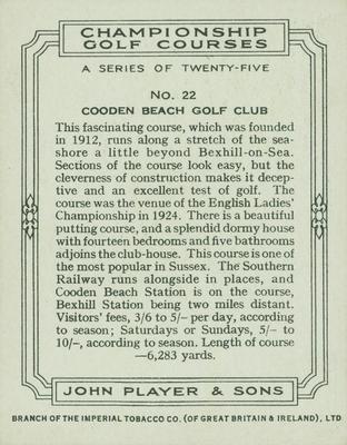 1936 Player's Championship Golf Courses #22 Cooden Beach Golf Club Back