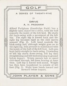1939 Player's Golf - Without copyright line #21 A.H. Padgham Back
