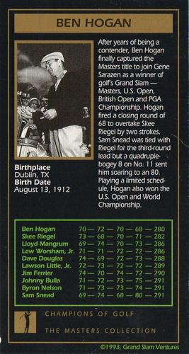 1993-98 Grand Slam Ventures Champions of Golf: The Masters Collection #NNO Ben Hogan Back