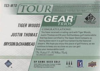 2021 SP Game Used - Tour Gear Trios Green #TG3-WTD Tiger Woods / Justin Thomas / Bryson DeChambeau Back