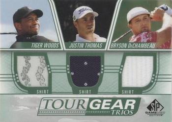 2021 SP Game Used - Tour Gear Trios Green #TG3-WTD Tiger Woods / Justin Thomas / Bryson DeChambeau Front