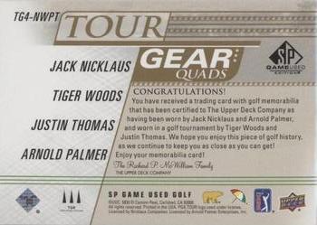 2021 SP Game Used - Tour Gear Quads Gold #TG4-NWPT Tiger Woods / Jack Nicklaus / Justin Thomas / Arnold Palmer Back