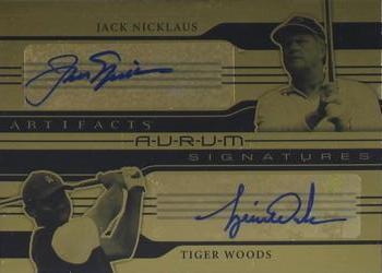 2021 Upper Deck Artifacts - Aurum Achievements Autographs Dual #EDA-TJ Tiger Woods / Jack Nicklaus Front